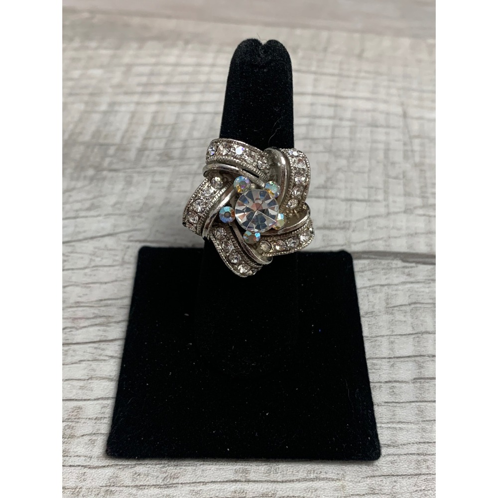Vintage Style Silver Tone Rhinestone AB Crystal Adjustable Statement Ring